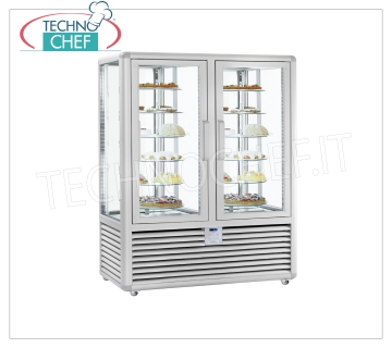 Refrigerated Pastry Showcase 2 Doors, 4 display sides, 12 rotating shelves, Curve Line 2-door refrigerated display case for Pastry, CURVE Line, with 4 display sides, 12 rotating glass shelves, capacity 848 liters, operating temperature + 4 ° / + 10 ° C, ventilated refrigeration, V.230 / 1, Kw. 0,54 + 0,54, Weight 301 Kg, dim.mm.1380x620x1860h
