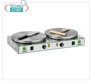 Technochef - Professional Electric Crepe Maker, 2 Cast Iron Plates Ø 350 mm, Mod.CRP2N ELECTRIC TABLE CREPE with 2 CAST IRON COOKING PLATES and NON-SLIP MULTI-LINE SURFACE DIAMETER 350 MM, thermostatic control of the cooking temperature, V.400 / 3 + N, Kw. 2,4 + 2,4, Weight 23 Kg, external dimensions mm.760x370x140h.