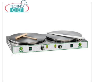 Technochef - Professional Electric Crepe Maker, 2 Cast Iron Plates Ø 400 mm, Mod.CRP42 ELECTRIC TABLE CREPIERE with 2 CAST IRON COOKING PLATES and NON-SLIP MULTI-STRIP SURFACE, DIAMETER 400 MM, thermostatic control of the cooking temperature, V.400 / 3 + N, Kw. 2,75 + 2,75, Weight 29 Kg, dimensions external mm.810x470x120h