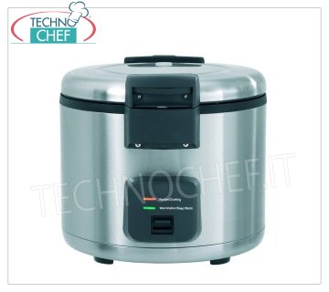 STAINLESS STEEL RICE COOKER for approximately 40 PORTIONS, with WARM function, 8 liter capacity Stainless steel rice cooker for approximately 40 portions, with "WARM" function, capacity 8 litres, V.230/1, Kw.1.95, weight 11 Kg, dim.mm.384x384x375h