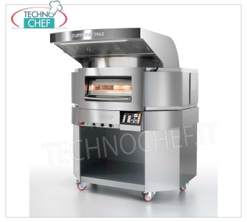 CUPPONE - GIOTTO electric pizza oven, rotating top Ø 1400 mm, Mod.GT140/1TS GIOTTO electric pizza oven with REVOLVING refractory COOKTOP Diameter 1400 mm and sheet metal chamber, integrated PYROLYSIS, ECONOMY and FAST RECOVERY functions, V 400/3+N, Kw 17,7, Weight 580 Kg, external dimensions mm 1666x1738x1696h