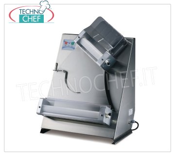 Pizza spreader with 2 pairs of 400 mm inclined rollers, mod. DL40 Pizza roller in stainless steel with 2 PAIRS of LONG INCLINED ROLLS mm 400, for loaves of 80/400 grams, V 230/1, kW 0.37, dim. 520x450x712h mm