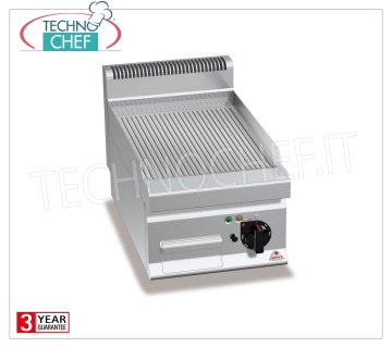 ELECTRIC GRIDDLE with GROOVED PLATE in MULTIPAN, mod.E7FR4BP ELECTRIC GRIDDLE with RIBBED PLATE, BERTOS, MACROS 700 Line, POWERED MULTIPAN Series, 1 TOP module with 395x500 mm COOKING ZONE, V.400/3+N, Kw.4,8, Weight 37 Kg, dim.mm.400x700x290h