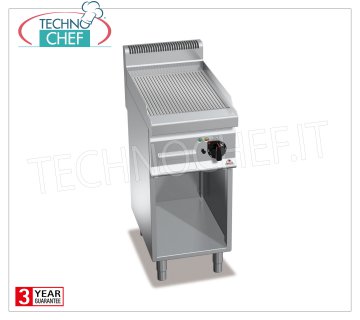 ELECTRIC GRIDDLE with GROOVED PLATE in MULTIPAN on OPEN CABINET, Mod.E7FR4MP ELECTRIC GRIDDLE with RIBBED PLATE, BERTOS, MACROS 700 Line, POWERED MULTIPAN Series, 1 module on OPEN COMPARTMENT with COOKING ZONE mm 395x500, V.400/3+N, Kw.4,8, Weight 48 Kg, dim. mm.400x700x900h