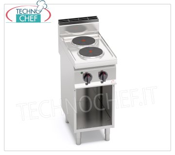 TECHNOCHEF - 2 PLATE ELECTRIC COOKER on OPEN CABINET, 5.2 Kw, Mod. E7P2M 2 PLATE ELECTRIC STOVE on OPEN CABINET, BERTOS, MACROS 700 line, HIGH POWER Series, with 2 ROUND plates Ø 220 mm, INDEPENDENT CONTROLS, 6 power levels, V.400/3+N, Kw.5.2, Weight 37 Kg, dim.mm.400x700x900h