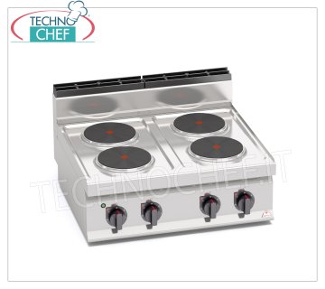 TECHNOCHEF - ELECTRIC COOKER 4 TOP PLATES, Kw.10.4, Mod.E7P4B ELECTRIC STOVE 4 TOP PLATES, BERTOS, MACROS 700 line, HIGH POWER Series, with 4 ROUND plates Ø 220 mm, INDEPENDENT CONTROLS, 6 power levels, V.400/3+N, Kw.10.4, Weight 41 Kg, dim.mm.800x700x290h