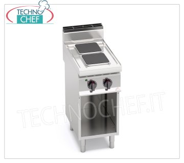 TECHNOCHEF - 2 PLATE ELECTRIC COOKER on OPEN CABINET, 5.2 Kw, Mod. E7PQ2M ELECTRIC STOVE 2 PLATES on OPEN CABINET, BERTOS, MACROS 700 line, HIGH POWER Series, with 2 SQUARE plates measuring 220x220 mm, INDEPENDENT CONTROLS, 6 power levels, V.400/3+N, Kw.5.2, Weight 41 Kg, dim.mm.400x700x900h