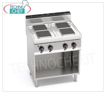 TECHNOCHEF - 4 PLATE ELECTRIC STOVE on OPEN CABINET, 10.4 Kw, Mod. E7PQ4M 4 PLATE ELECTRIC STOVE on OPEN CABINET, BERTOS, MACROS 700 line, HIGH POWER Series, with 4 SQUARE plates measuring 220x220 mm, INDEPENDENT CONTROLS, 6 power levels, V.400/3+N, Kw.10.4, Weight 67 Kg, dim.mm.800x700x900h