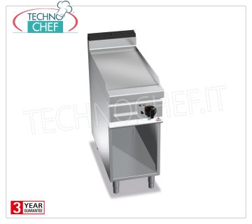 ELECTRIC FRY TOP with SMOOTH PLATE in MULTIPAN, on OPEN CABINET, mod. E9FLM ELECTRIC FRY TOP with SMOOTH PLATE, BERTO'S, MAXIMA 900 Line, MULTIPAN Series, 1 module on OPEN CABINET with COOKING ZONE 396x667 mm, V.400 / 3 + N, Kw.5,7, Weight 63 Kg, dim.mm .400x900x900h