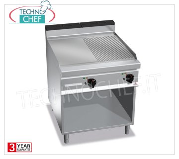 ELECTRIC GRIDDLE with MULTIPAN PLATE 1/2 SMOOTH and 1/2 RIBBED, Mod.E9FM8M-2 ELECTRIC GRIDDLE with 1/2 SMOOTH and 1/2 RIBBED PLATE, BERTOS, MAXIMA 900 line, MULTIPAN series, DOUBLE module on OPEN CABINET with 796x667 mm COOKING AREA, INDEPENDENT CONTROLS, V.400/3+N, Kw. 11.4, weight 109 kg, dim.mm.800x900x900h