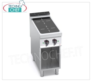 TECHNOCHEF - 2 ZONE INDUCTION ELECTRIC COOKER on OPEN COMPARTMENT, mod. E9P2M/IND ELECTRIC COOKER 2 INDUCTION ZONES on OPEN CABINET, BERTOS MAXIMA 900 Line, POWER INDUCTION Series, with 2 SQUARE ZONES of 270x270 mm, INDEPENDENT CONTROLS, 9 power levels, V.400/3+N, Kw.10,00, Weight 55 Kg, dim.mm.400x900x900h