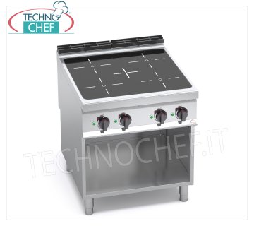 TECHNOCHEF - 4 ZONE ELECTRIC INDUCTION COOKER on OPEN COMPARTMENT, mod. E9P4M/IND ELECTRIC COOKER 4 INDUCTION ZONES on OPEN CABINET, BERTOS MAXIMA 900 Line, POWER INDUCTION Series, with 4 SQUARE ZONES of 270x270 mm, INDEPENDENT CONTROLS, 9 power levels, V.400/3+N, Kw.20,00, Weight 85 Kg, dim.mm.800x900x900h