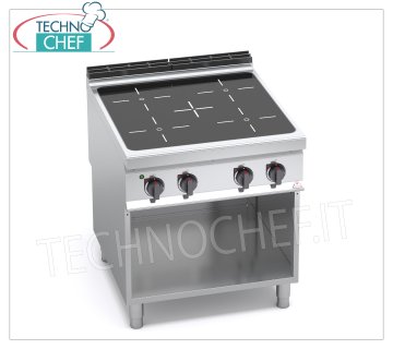 TECHNOCHEF - 4-ZONE INFRARED ELECTRIC COOKER on OPEN CABINET, mod. E9P4MP/VTR ELECTRIC COOKER WITH 4 INFRARED ZONES on OPEN CABINET, BERTOS MAXIMA 900 Line, INFRARED Series, with 4 SQUARE ZONES measuring 270x270 mm, INDEPENDENT CONTROLS, V.400/3+N, Kw. 16.00, weight 72 kg, dim.mm.800x900x900h
