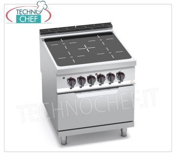 TECHNOCHEF - 4 ZONE ELECTRIC COOKER with INFRARED on GN 2/1 OVEN, mod. E9P4P/VTR+FE ELECTRIC RANGE 4 INFRARED ZONES on ELECTRIC OVEN GN 2/1, BERTOS MAXIMA 900 Line, INFRARED Series, with 4 SQUARE ZONES mm 270x270, INDEPENDENT CONTROLS, V.400/3+N, Tot. Kw.23,5, Weight 118 Kg, dim.mm.800x900x900h