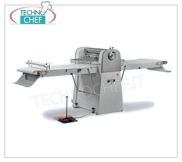 MECHANIZED PASTRY SHEETER with RIBBONS 140x60 cm, mod. EASY6-140 Professional Pastry Sheeter MECHANIZED with BELTS-CARPETS 1400x600 mm equipped with FLOUR UNDER-TOP and SHEET COLLECTION, 600 mm LAMINATION rollers adjustable from 0 to 40 mm, Weight 255 kg, 1.1-0.66 kw, open size mm 3180x1010x1160h