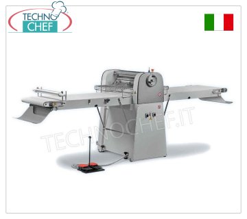 MECHANIZED PASTRY SHEETER with 140x60 cm BELTS, mod. EASY6-140 Professional MECHANIZED pastry sheeter with 1400x600 mm BELTS-MATCHES equipped with UNDERPLATE for FLOUR and PASTRY COLLECTOR, 600 mm ROLLING rollers adjustable from 0 to 40 mm, Weight 255 Kg, kw 1.1-0.66, open size mm 3180x1010x1160h