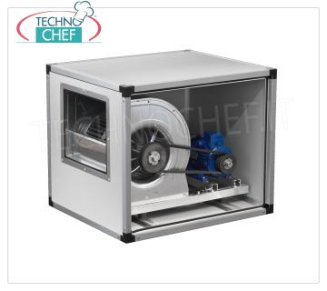 2-speed boxed centrifugal aspirators, transmission with belt and pulleys BOXED ASPIRATOR with TRANSMISSION CENTRIFUGAL FAN with BELTS and PULLEYS, INOX panels, 2 SPEEDS, max flow rate 2000/1338 m/cubic/hour, revolutions 1300/870, db 62/49, V.380/3, Kw.0, 37/0,12, Weight 39 Kg, dim.mm.800x600x600h