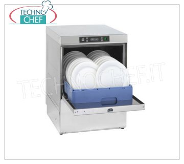 Professional Dishwasher, 50x50 cm square basket, electronic controls, Three-phase DISHWASHER with 500x500 mm QUADRO basket, ELECTRONIC CONTROLS, 3 cycles of 90/120/180 sec + continuous cycle, 40-30-20 baskets / hour, Max Useful height 350 mm, double rinse aid dispenser, V.400 / 3 + N , Kw.5.05, Weight 49 Kg, dim.mm.572x633x814h