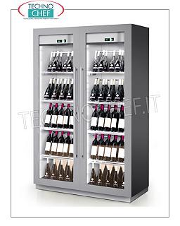 Frigor for Wines 2 glass doors, capacity from 66 + 66 to 108 + 108 bottles, temp. + 4 ° / + 18 ° C FRIGOR FOR WINE with 2 glass doors, 2 separate compartments with independent control, version with 4 SMOOTH STAINLESS STEEL SHELVES for VERTICAL BOTTLES, temperature + 4 + 18 ° C, VENTILATED REFRIGERATION, cap. 108 + 108 bottles, V.230 / 1, Kw.0.38, dim.mm.1220x500x1970