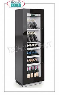 Wine refrigerator 1 glass door, capacity from 66 to 108 bottles, temp. + 4 ° / + 18 ° C WINE REFRIGERATOR, 1 glass door, version with 2 TUBULAR SHELVES for INCLINED BOTTLES + 3 WOODEN DRAWER SHELVES for HORIZONTAL BOTTLES, temp. + 4 + 18 ° C, VENTILATED REFRIGERATION, cap. 66 bottles, V.230 / 1, Kw.0.19, Weight 130 Kg, dim.mm.610x500x1970h