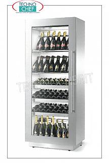 Wine refrigerator 1 glass door, STATIC, temp. + 4 ° / + 18 ° C, capacity 96 bottles, WINE REFRIGERATOR, 1 glass door, version with 2 TUBULAR SHELVES for INCLINED BOTTLES + 3 WOODEN DRAWER SHELVES for HORIZONTAL BOTTLES, temp. + 4 + 18 ° C, STATIC, cap. 96 bottles, V.230 / 1, Kw.0.15, Weight 145 Kg, dim.mm.820x500x1970h
