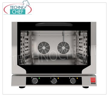 TECNOEKA - ELECTRIC CONVECTION OVEN with DIRECT STEAM, 4 PASTRY trays mm 600x400, mod. EKF464NUD ELECTRIC CONVECTION OVEN with DIRECT STEAM, Professional for PASTRY and BAKERY, with cooking chamber for 4 TRAYS of 600x400 mm, ELECTROMECHANICAL CONTROLS, V.400/3+N, Kw.6,4, Weight 58 Kg, dim.mm.784x754x634h