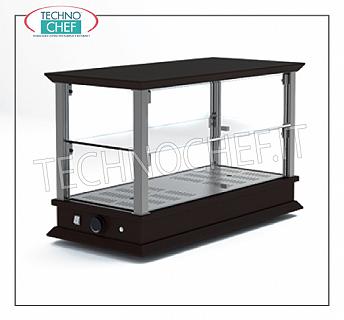 Hot counter display cases HEATED counter top display cabinet, QUADRO Line, with WENGE 'wooden base and top, SATIN NICKEL structure, 1 intermediate glass shelf, glass drop doors on 2 fronts, V.220 / 1, Kw.0,27 , dim.mm.740x350x465h