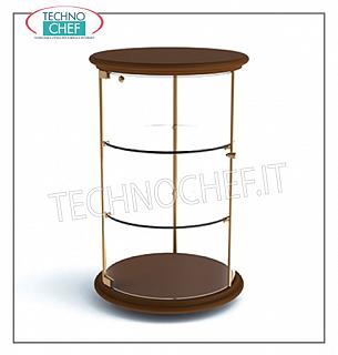 Neutral counter display cabinets Neutral counter display showcase, RONDO 'Line, with base and top in CHERRY-colored wood, structure in GLOSSY GOLD metal, bottom top and 2 intermediate shelves in crystal, cylinder and doors in plexiglass, dim.mm.350x350x560h