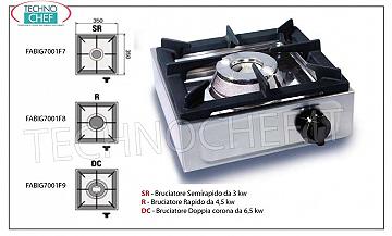 professional gas stove, 1 burner TABLE GAS STOVE with 1 PROFESSIONAL STAINLESS STEEL BURNER, running on universal gas, dimensions 350x350x170h mm, made in 3 VERSIONS with HEAT POWER from 3 to 6.5 kw, COMPLETE RANGE