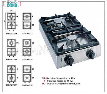 Professional gas table top stove, 2 burners TABLE GAS STOVE with 2 PROFESSIONAL BURNERS in STAINLESS STEEL, running on universal gas, dimensions 350x660x170h mm, made in 6 VERSIONS with THERMAL OUTPUT from 6 to 13 kw, COMPLETE RANGE