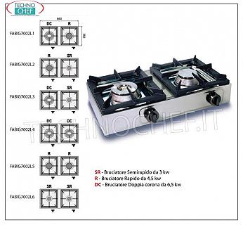 Professional table top gas stove, 2 burners GAS TABLE STOVE with 2 PROFESSIONAL STAINLESS STEEL BURNERS operating on universal gas, with 1 DOUBLE CROWN BURNER of 6.50 kw and 1 RAPID BURNER of 4.50 kw, dimensions 660x350x170h mm