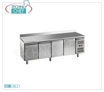 Forcold - 4 door refrigerated fridge table with upstand, Temp. -2 ° / + 8 ° C, lt. 553, Mod.G-GN4200TN-FC Refrigerated Table 4 Doors with Upstand, Professional, capacity 553 lt, temperature -2 ° / + 8 ° C, ventilated refrigeration, Gastronorm 1/1, ECOLOGICAL in Class C, Gas R290, V.230 / 1, Kw.0,398, Weight 132 Kg, dim.mm.2230x700x950h