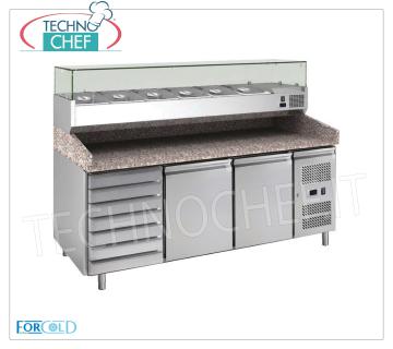 Pizza Counter 2 Doors, 7 Drawers, Granite Top and 1/3 or 1/4 gn Ingredients Showcase REFRIGERATED PIZZA COUNTER 2 DOORS, Ventilated Temp. -2°+8°C., CLASS C, Chest of Drawers with 7 Drawers, GRANITE top, with Refrigerated Ingredients Showcase 33 cm deep, KW 0.275, v 230/1, dim. mm. 2020x800x1435h