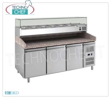 3 DOOR Refrigerated Pizza Counter, GRANITE Top and 1/3 or 1/4 gn Ingredients Showcase, Class C REFRIGERATED PIZZA COUNTER 3 DOORS, FORCOLD brand, with refrigerated display case 330 mm deep, capacity 10 GN 1/4 trays (265x162 mm), operating temperature +2°/+8 °C, Ventilated, Kw.0,398, V.230 /1, dim.mm.2020x800x1400h