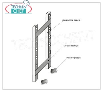 TECHNOCHEF - Side-Shoulder for Stainless Steel Hook Shelves, Mod.97150 + 97003 + 97007 Shelf-Shelf for shelves with hook 304 stainless steel polished, thickness 20/10, composed of 2 uprights, 2 crosspieces and plastic feet, suitable for 30 cm deep shelves, dim.mm.300x25x1500h