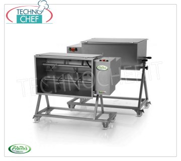FAMA - Stainless steel meat mixer with trolley, 2 blades, bowl capacity 120 Kg, Three-phase, V.400/3, mod.FIC120B/T Meat mixer in stainless steel with trolley, capacity 120 Kg, tilting bowl, 2 stainless steel blades, V.400/3, Kw.1,8, Weight 125 Kg, dim.mm.1100x630x1080h