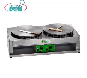 Technochef - Professional Gas Crepe Maker, 2 Cast Iron Plates Ø 400 mm, Mod.CRP400G2 GAS TABLE CREPE with 2 CAST IRON COOKING PLATES and NON-SLIP MULTI-LINE SURFACE, DIAMETER 400 MM, thermostatic control of the cooking temperature, thermal power Kw. 3,6 + 3,6, Weight 46 Kg, external dimensions mm.900x480x270h