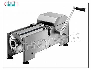 Technochef - Manual sausage filler, horizontal from 7 and 14 lt, 2 speeds Manual stainless steel sausage filler for table, manual with horizontal cylinder, capacity 7 liters, supplied with 4 ABS funnels diameter 15-23-29-38 mm, dim. mm 1200x400x400h