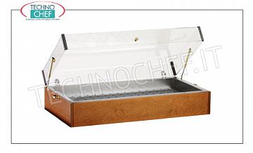 Wooden service trolleys Ice Cream Exhibitor with NOCE color structure, equipped with 8 eutectic containers, stainless steel tub and grill, plexiglass dome, dim.mm.900x485x230h