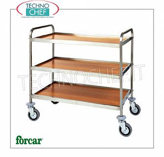 Stainless steel service trolleys with 3 MELAMINE SHELVES, capacity 120 kg Stainless steel service trolley, FORCAR brand, with 3 shelves in WALNUT or WENGE 'melamine and stainless steel perimeter frame, COMPLETE RANGE