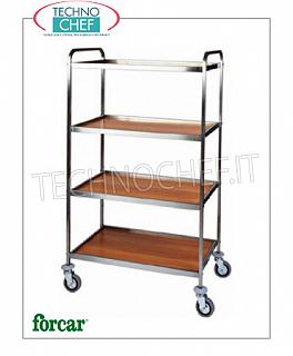 Service trolleys in stainless steel Service trolley in stainless steel, brand FORCAR, with 4 shelves in WALNUT melamine and stainless steel perimeter frame, COMPLETE RANGE