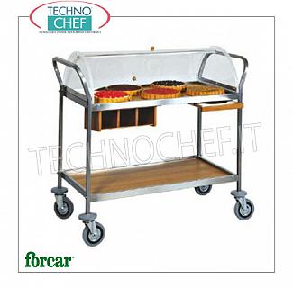 Trolleys for desserts and cheeses Trolley for sweets, cheeses and appetizers in stainless steel, FORCAR brand, complete with semi-circular plexiglass dome, 2 wooden shelves in NOCE or WENGE 'colors, optional available: plate cymbal, cutlery drawer, etc., COMPLETE RANGE