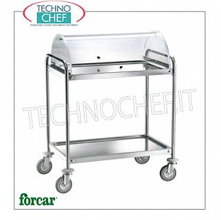 Trolleys for desserts and cheeses Trolley for sweets, cheeses and appetizers in stainless steel, FORCAR brand, with 2 printed shelves and semi-circular plexiglass dome, COMPLETE RANGE