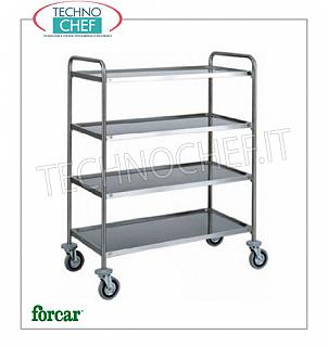 Service trolleys in stainless steel Service trolley in stainless steel. FORCAR brand, with 4 printed tops, max capacity 100 Kg, dim.mm.870x590x1400h