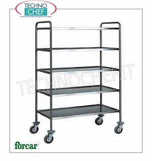 Service trolleys in stainless steel Service trolley in stainless steel. FORCAR brand, with 5 printed tops, max capacity 100 Kg, dim.mm.870x590x1700h