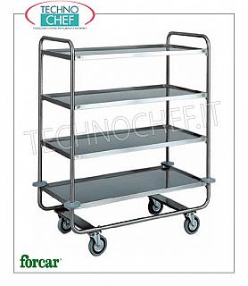 Stainless steel service trolleys Stainless steel service trolley, FORCAR brand, with 4 pressed shelves, max capacity 150 Kg, dim.mm.1100x600x1300h