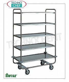 Stainless steel service trolleys Stainless steel service trolley, FORCAR brand, with 5 molded shelves, max capacity 150 Kg, dim.mm.1100x600x1600h