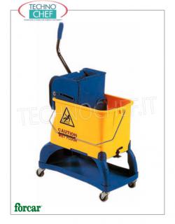 Floor cleaning trolleys with split bucket and wringer Wringer trolley, FORCAR brand, complete with bucket with divider, wringer and raising structure for cleaning products, dim.mm.550x270x870h