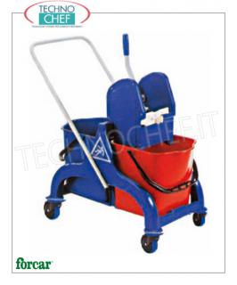 Floor cleaning trolley with Wringer and 2 Buckets Wringer trolley, FORCAR brand, complete with 2 25 l buckets, plastic wringer, reversible handle and 4 swivel wheels, dim.mm.690x420x850h