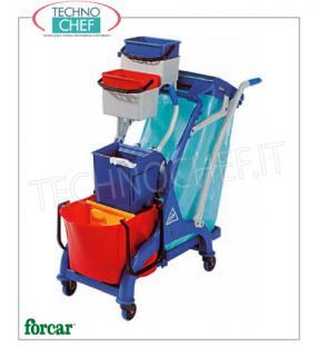 Forcar - Cleaning trolley, 1 bucket, 28 liters, Wringer, Bag holder, mod.CA1613 Multi-purpose trolley, complete with plastic wringer and cassettes, bottomless book wringer, 120 lt bag holder, 2 4 lt buckets and 1 28 lt bucket, blade hook and handle holder hook, dim.mm.1070x560x1110h